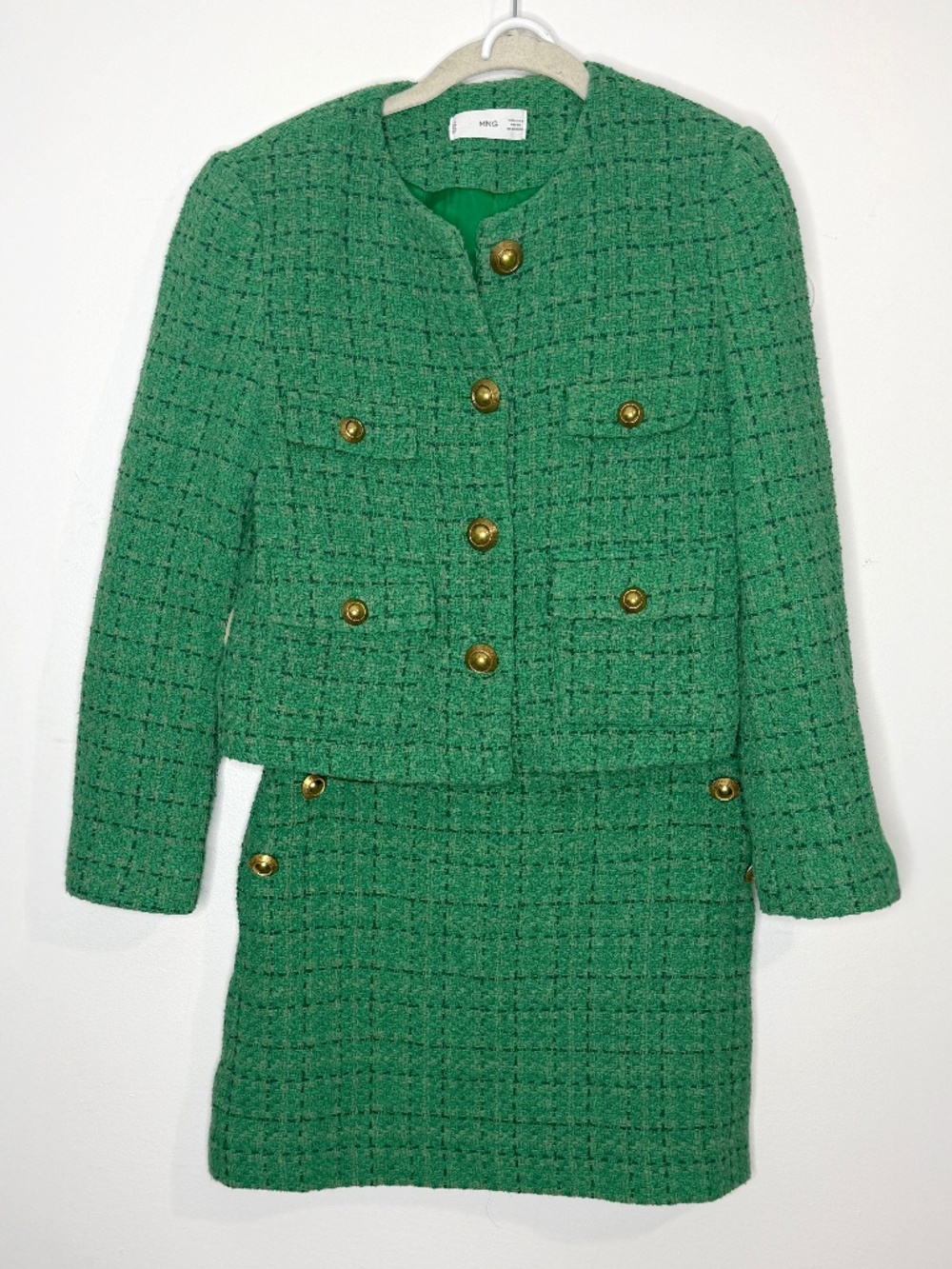 Mango MNG Green Tweed Jacket Skirt Set Gold Buttons 2 Piece